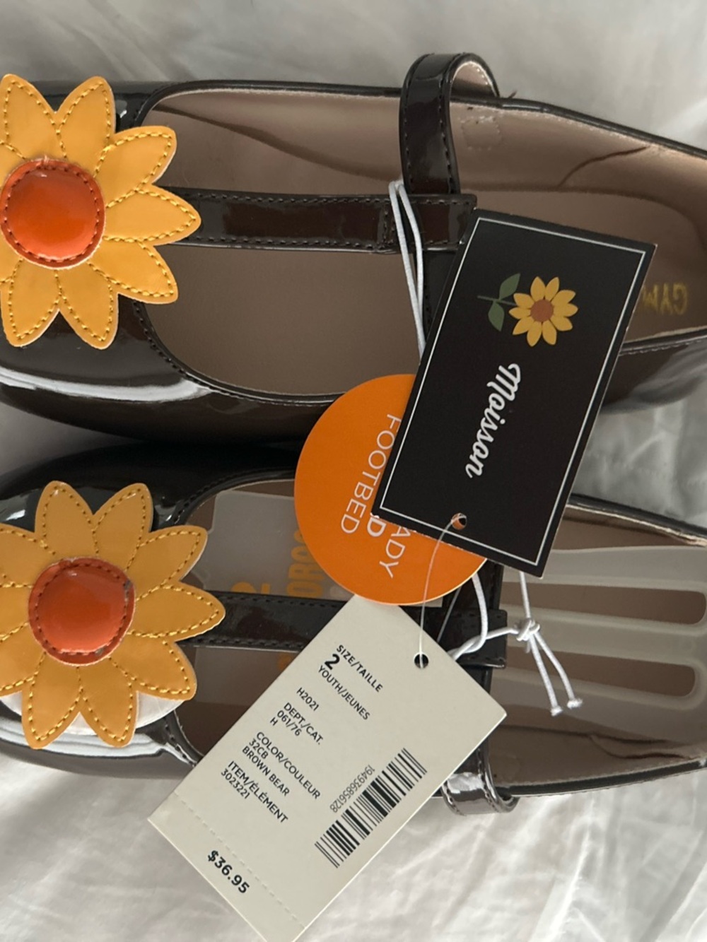 Gymboree Brown Patent Mary Janes with Yellow-Orange Flower Accents